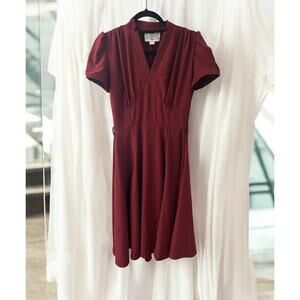 COLLECTIF London Size S~Burgundy SSleeve Vintage Retro Style Vneck Dress-no belt